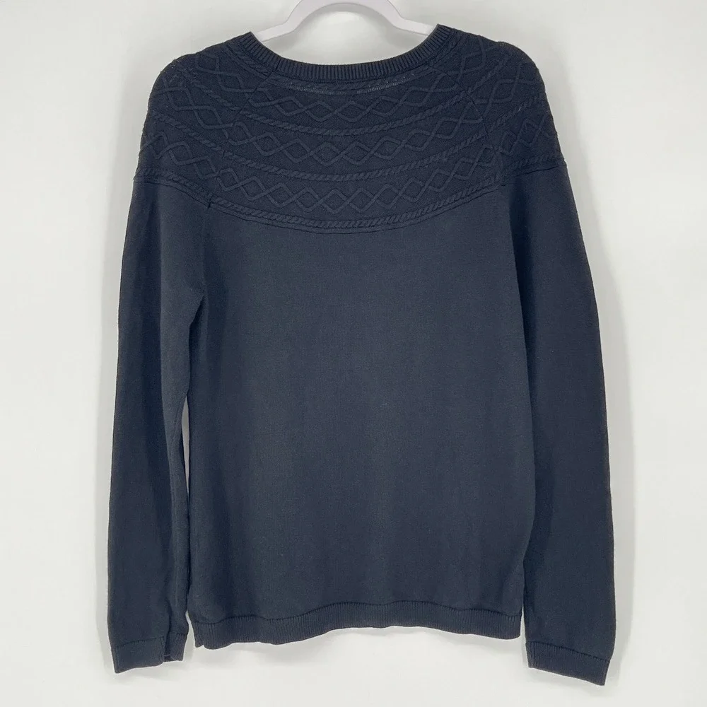 Talbots Black Cotton Cashmere Blend Cable Knit Yoke Crewneck Sweater Womens L